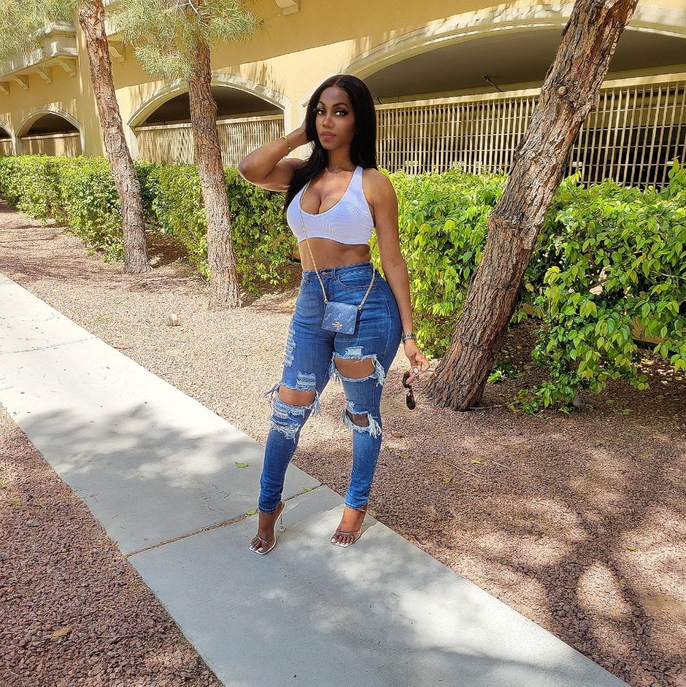 High waisted distress jeans
